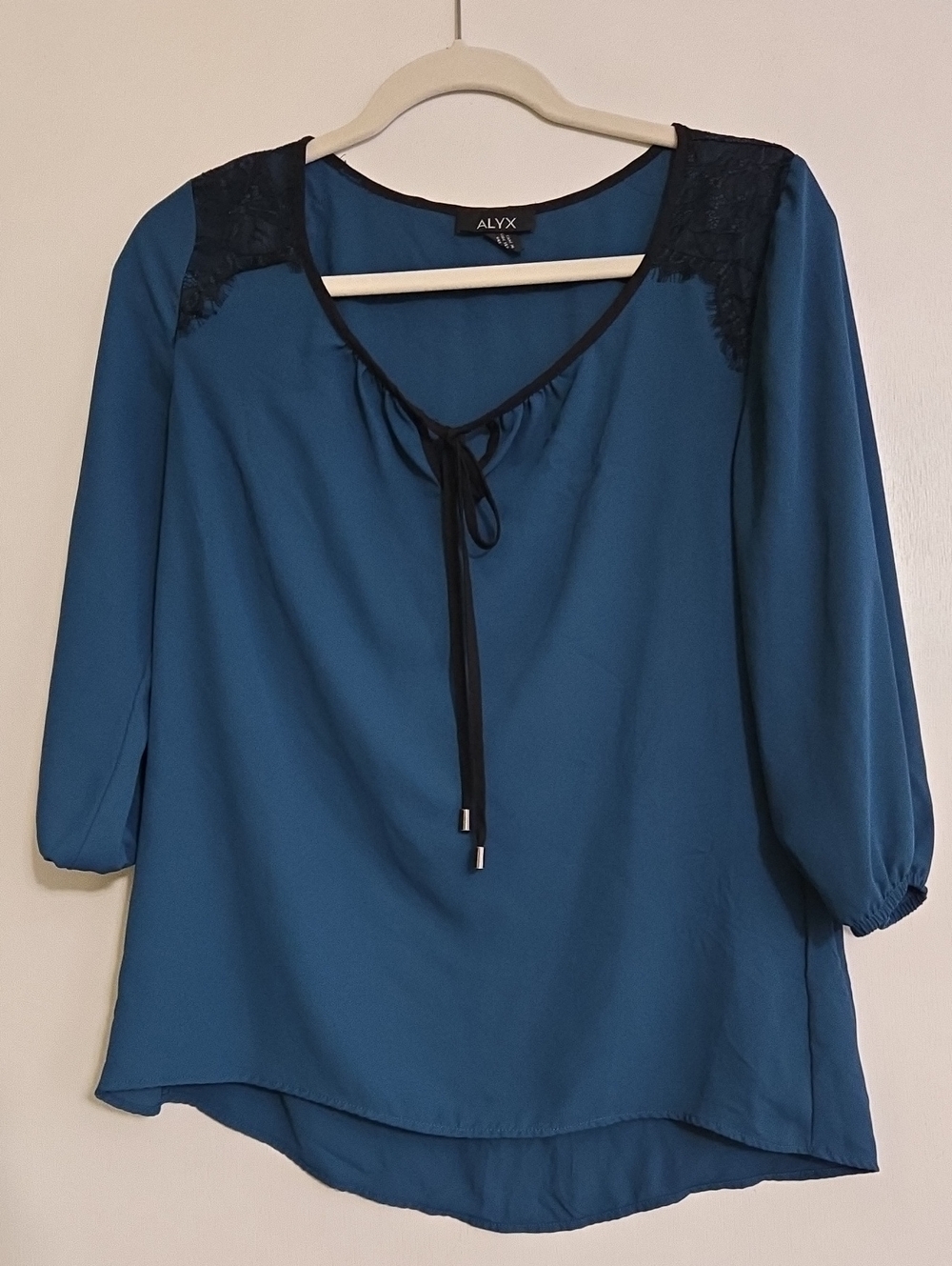 ALYX Teal Blouse with Black Trim & Lace Shoulders